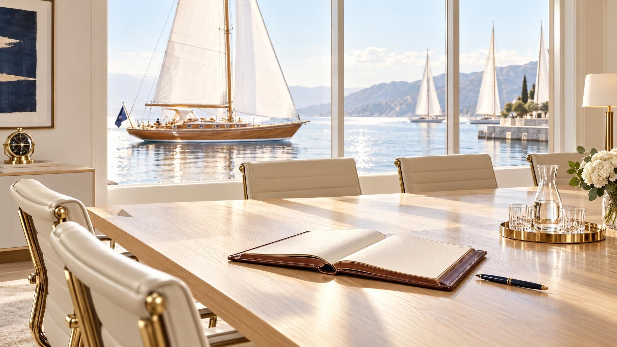 A sunlit boardroom with an open minute book, yachts in the harbour beyond