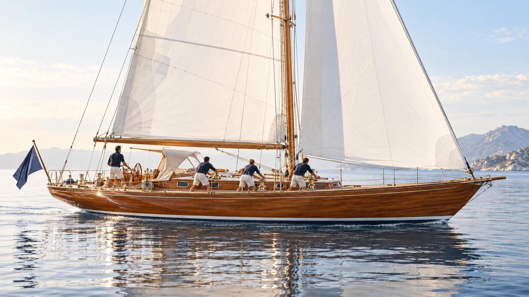 A crew working the winches on the deck of a classic yacht