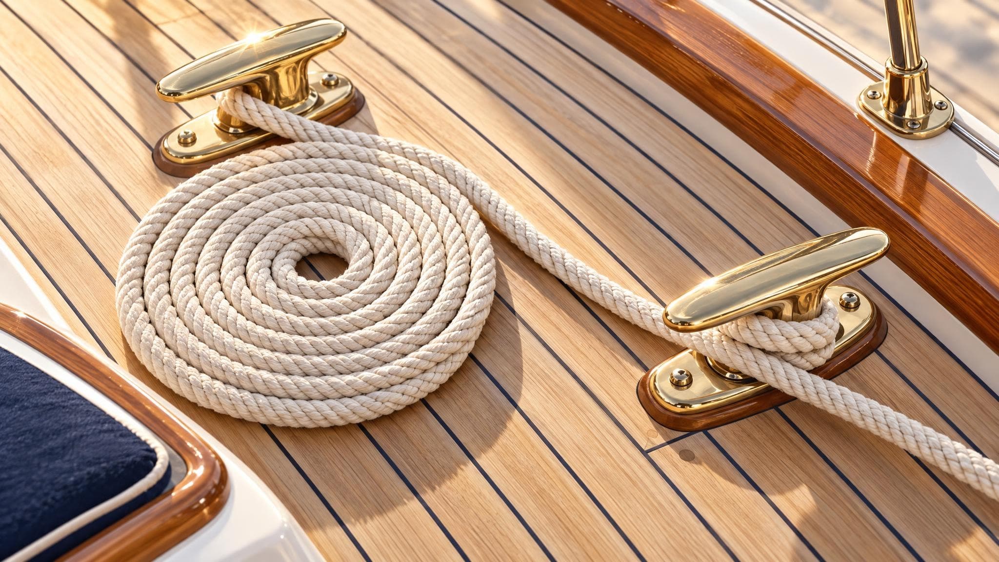 Neatly coiled rope and brass cleats on a teak deck