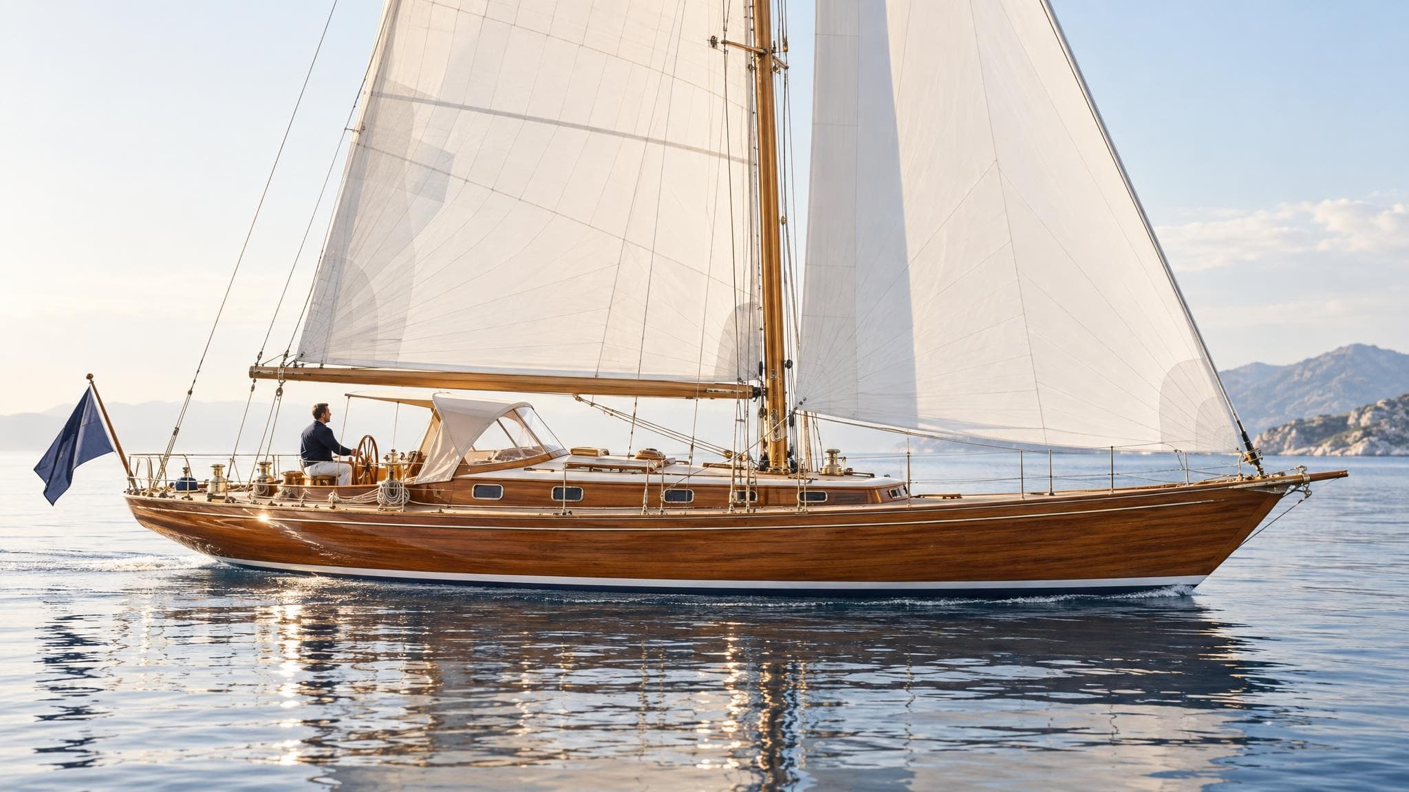 A classic wooden yacht under full sail on a calm sea